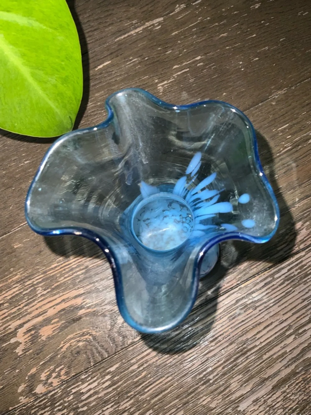 Lefton Blue and White Ruffled Art Glass Vase 7”